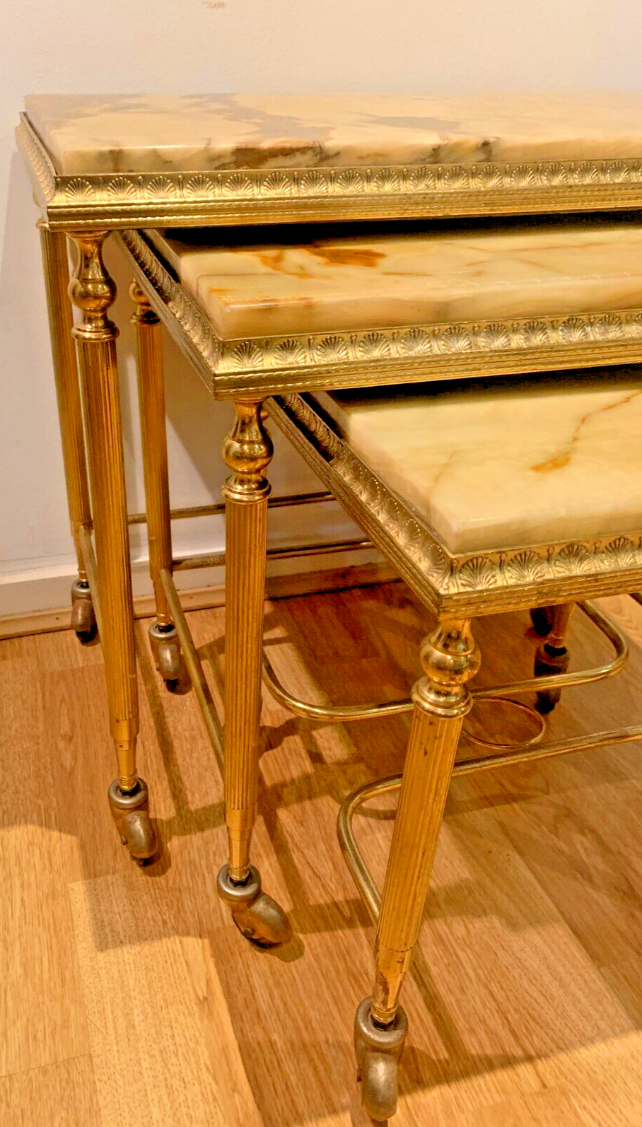Elegant French Brass and Onyx Nesting Tables, Holllywood Regency Style. 1950's