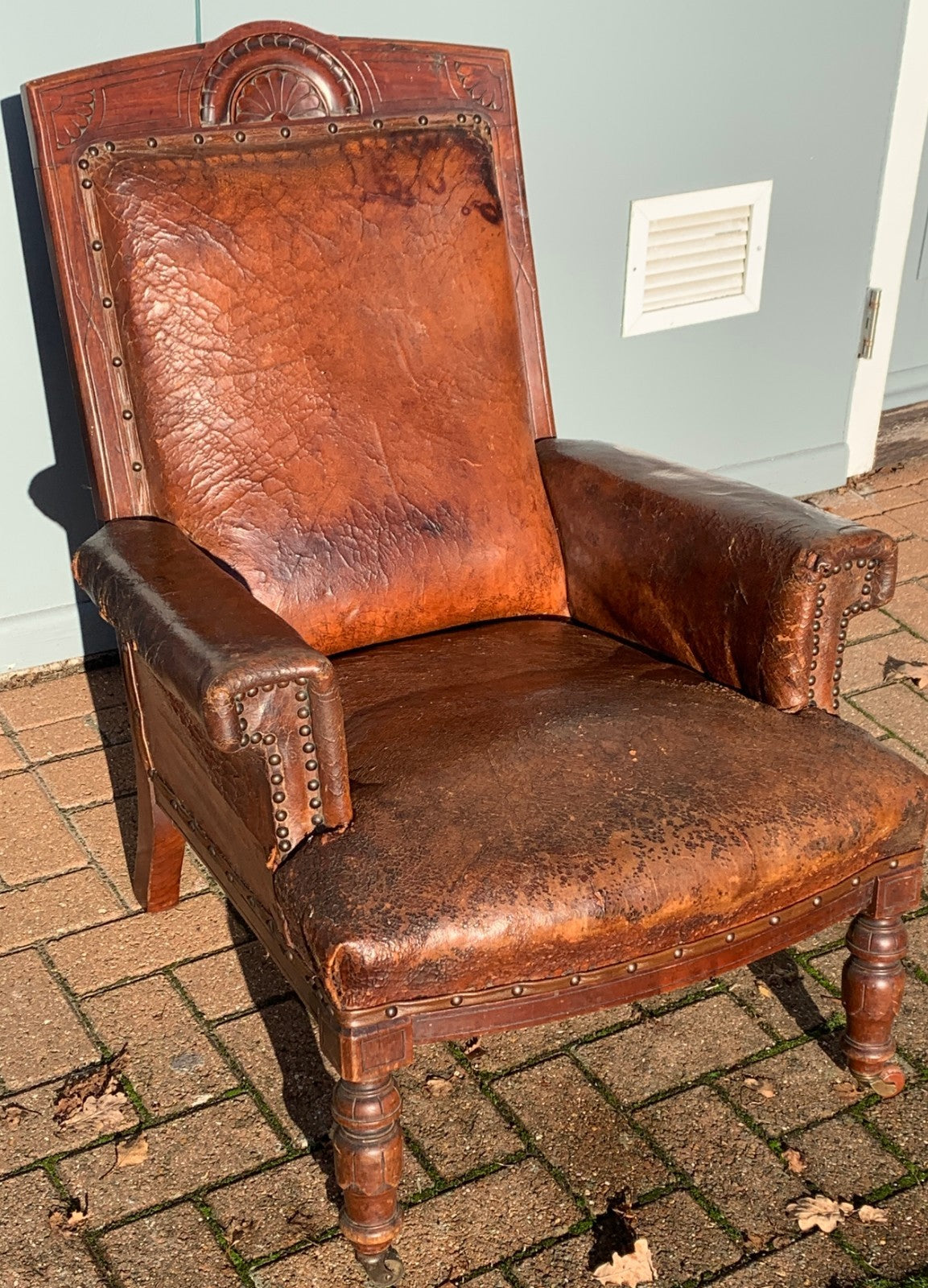 Antique Victorian Leather Library Chair on Castors c 1840's