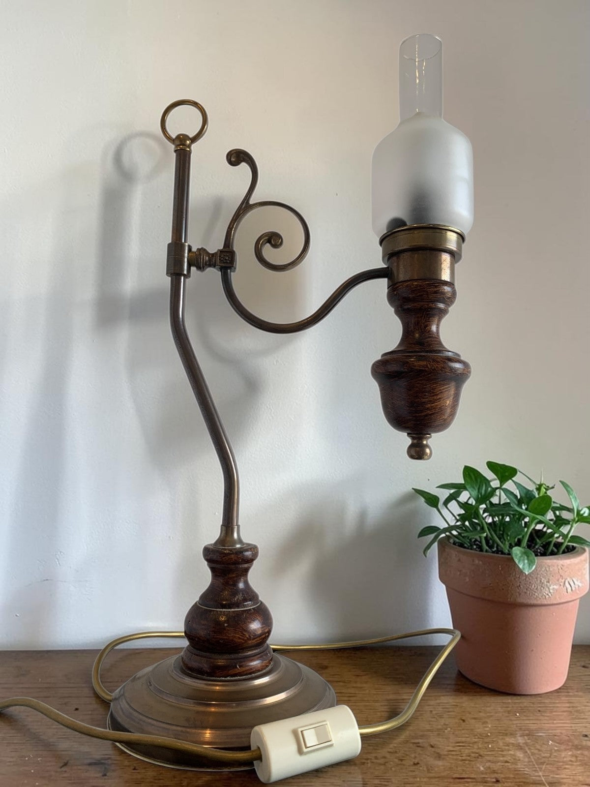Vintage Art Nouveau "Student" Style Brass & Wood Table Lamp with Glass Shade