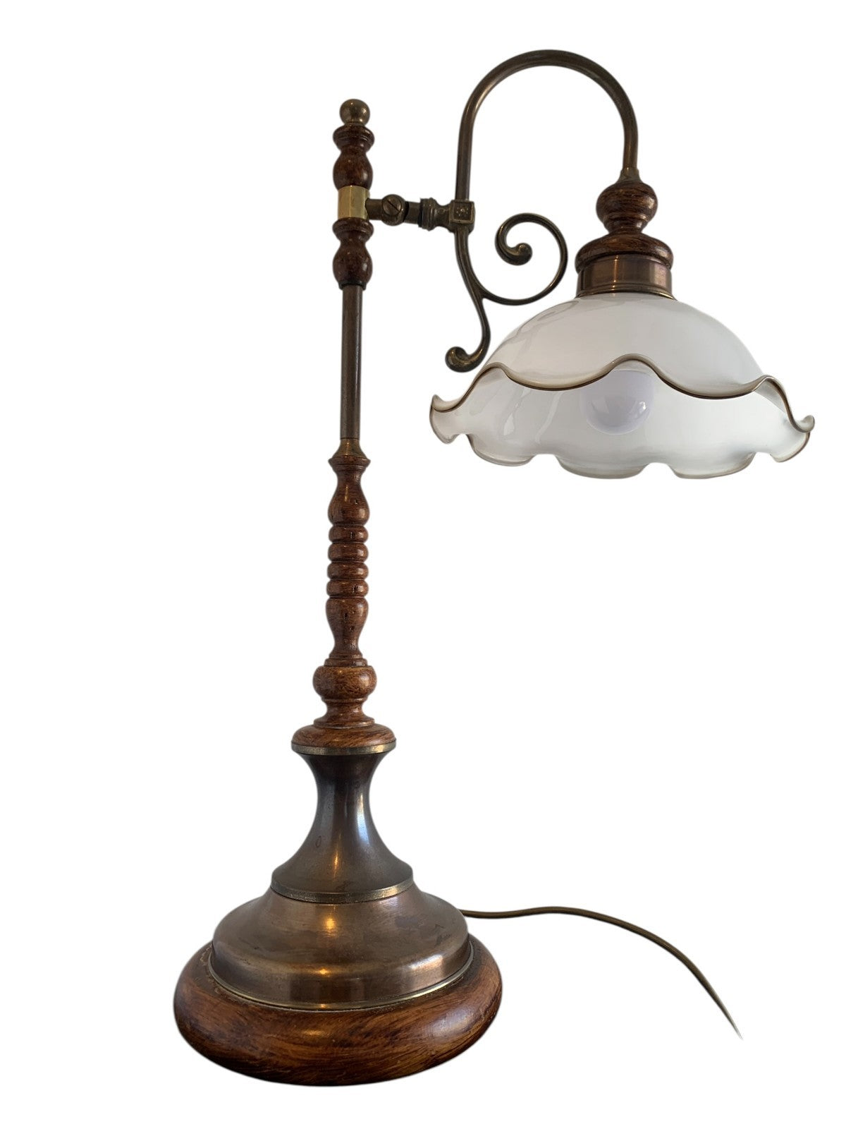 Vintage Art Nouveau Style Brass & Turned Wood Table Lamp with Glass Shade