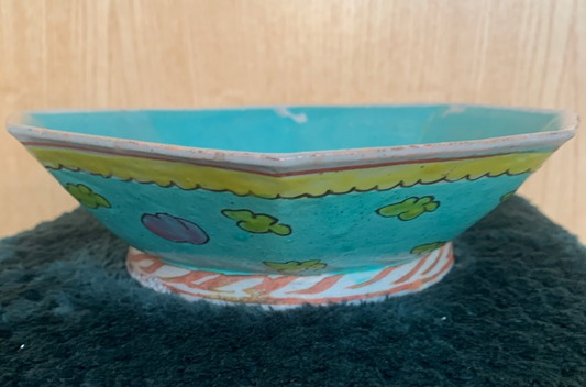 Antique Chinese Octagonal Pedestal Bowl Famille Verte / Yellow Clouds Motif