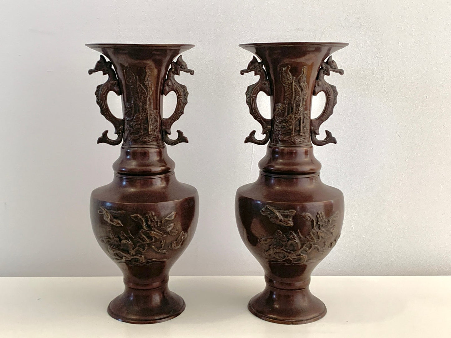 Antique Japanese Bronze Vases Pair Meiji Period 19thC Dragon Handles Bird Relief
