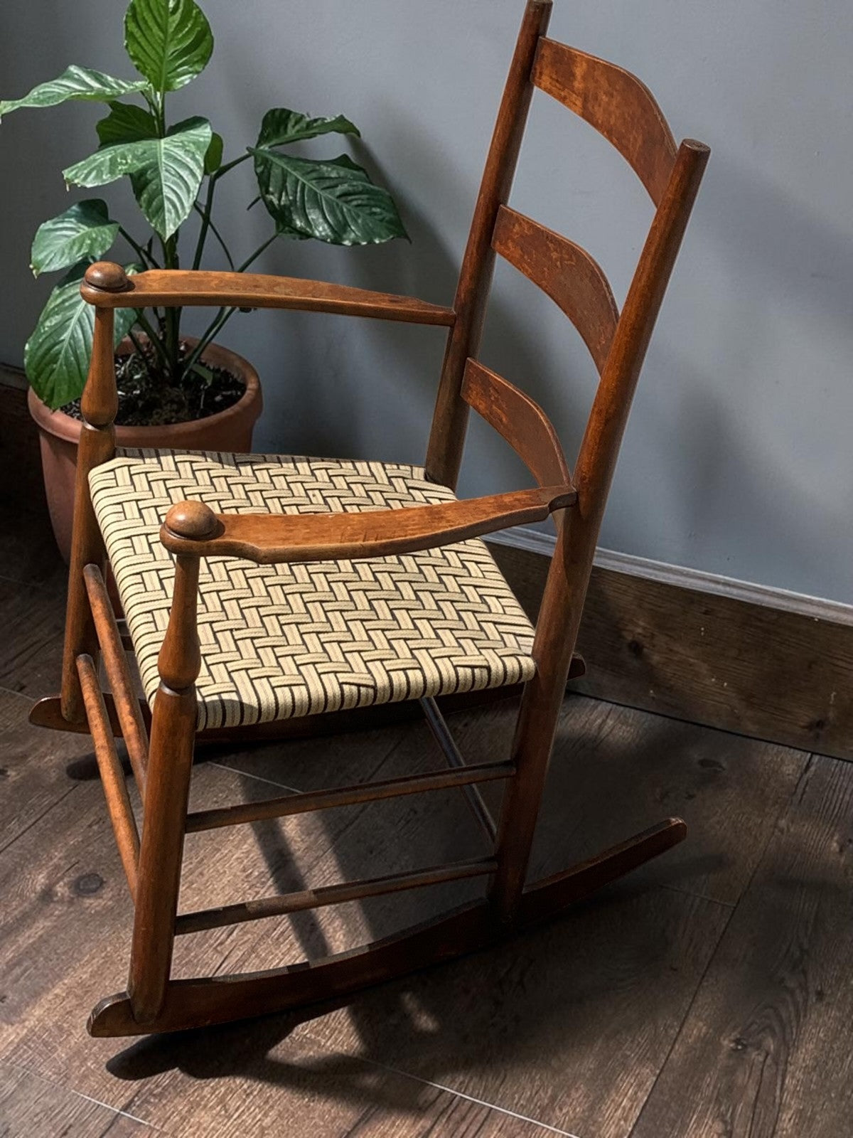 Antique American Child's Shaker Ladderback Rocking Chair Woven Seat c.1900
