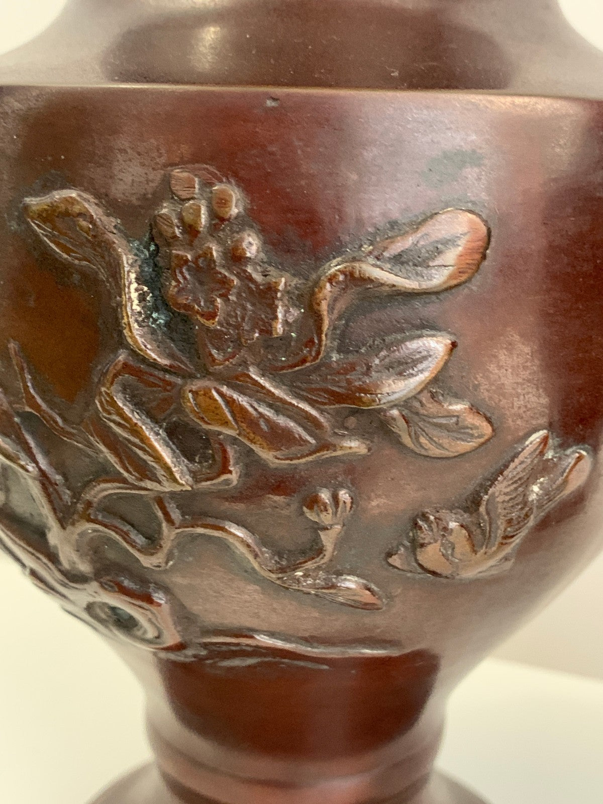 Antique Japanese Bronze Vases Pair Meiji Period 19thC Dragon Handles Bird Relief