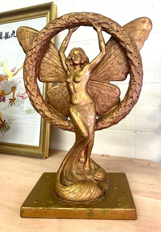 Large Heavy Vintage Art Nouveau-Style Golden Fairy Sculpture with Laurel Wreath