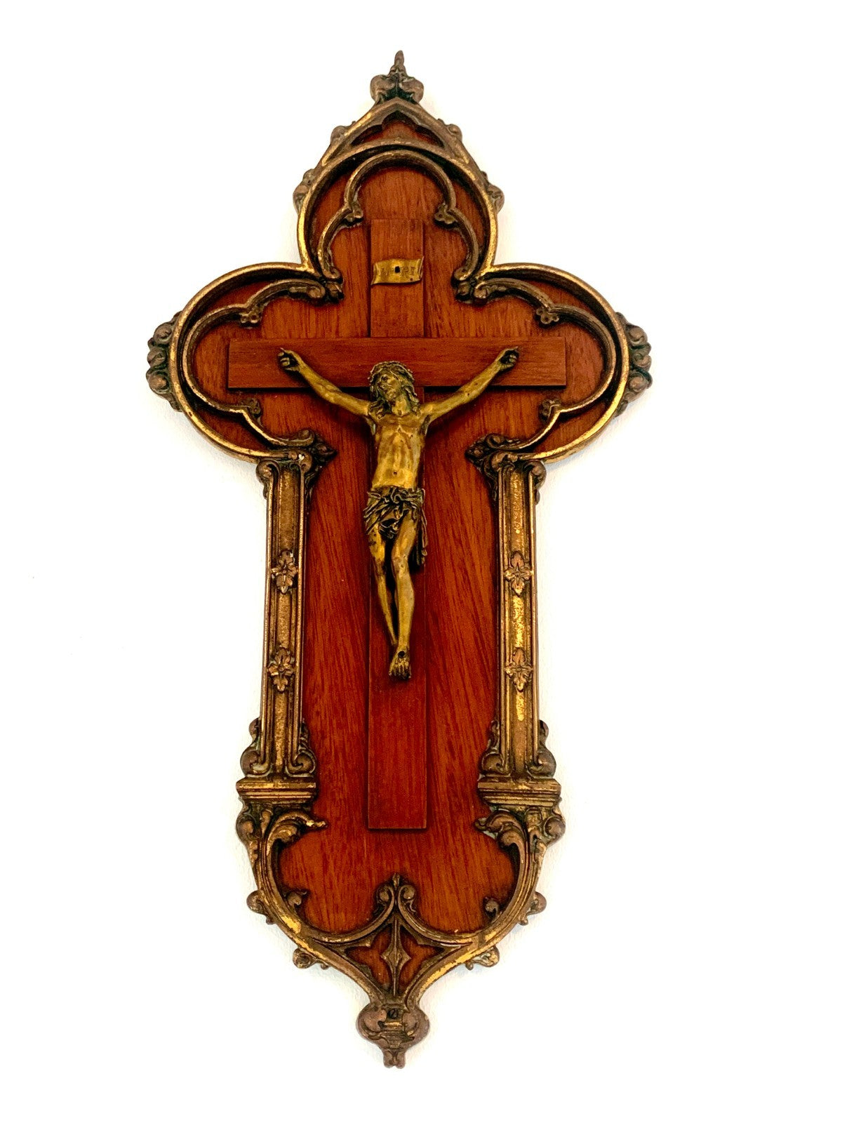Antique French Gothic Revival Mahogany & Bronze Crucifix, Late 19th/Early 20th C