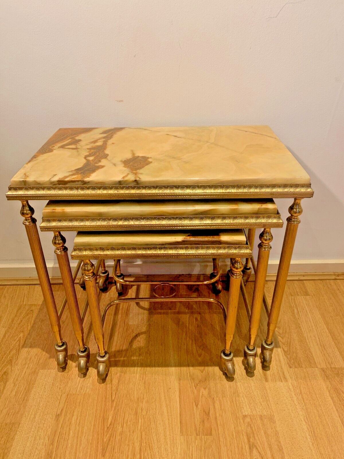 Elegant French Brass and Onyx Nesting Tables, Holllywood Regency Style. 1950's