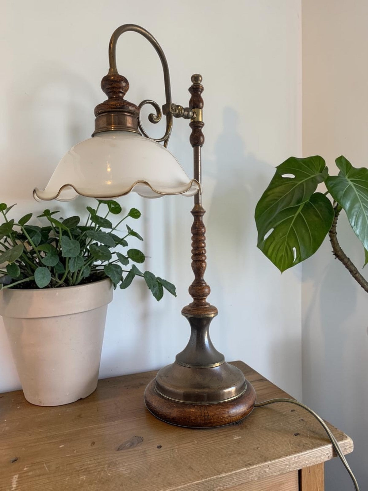 Vintage Art Nouveau Style Brass & Turned Wood Table Lamp with Glass Shade