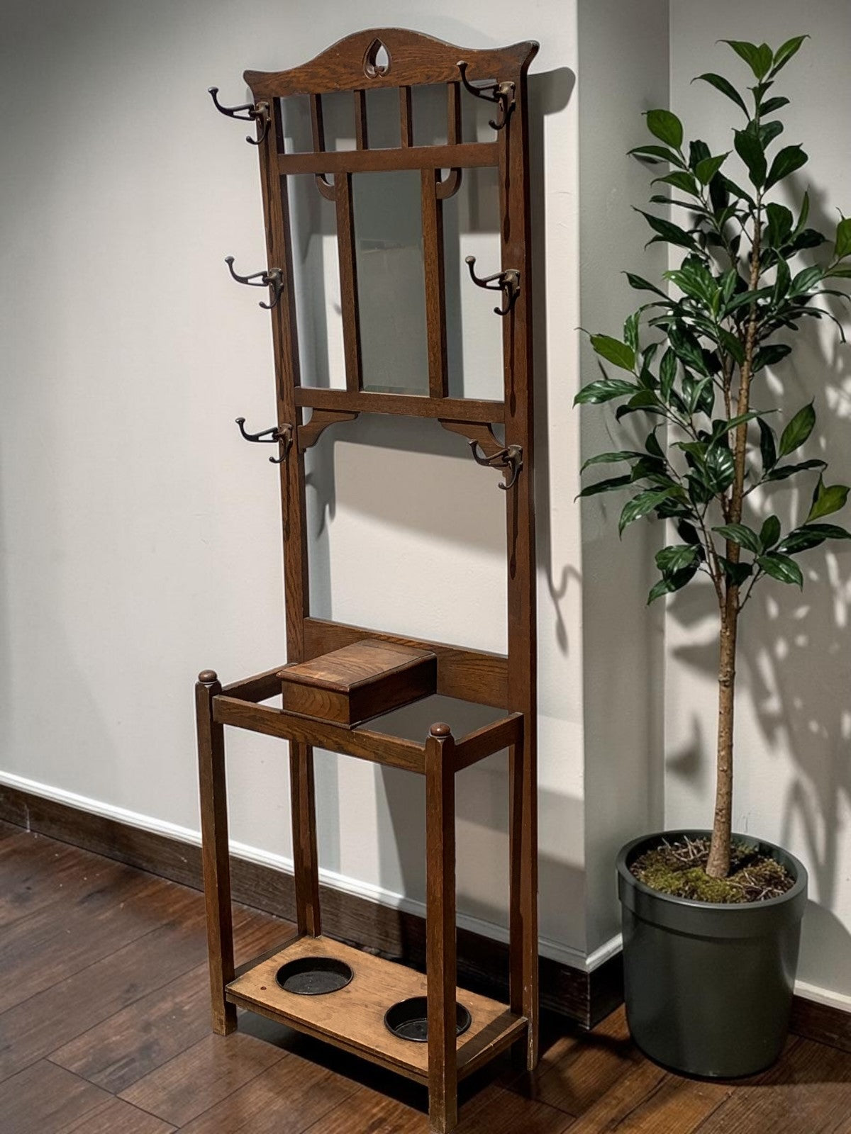 Antique Arts & Crafts Tall Oak Hall Stand Edwardian Umbrella Coat Rack  c.1900