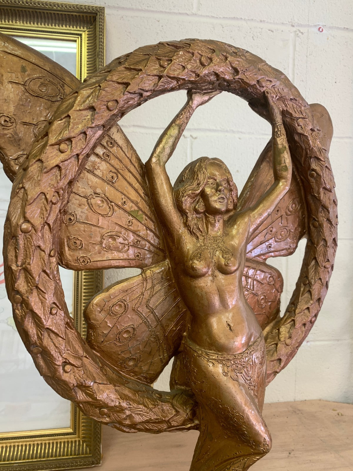 Large Heavy Vintage Art Nouveau-Style Golden Fairy Sculpture with Laurel Wreath