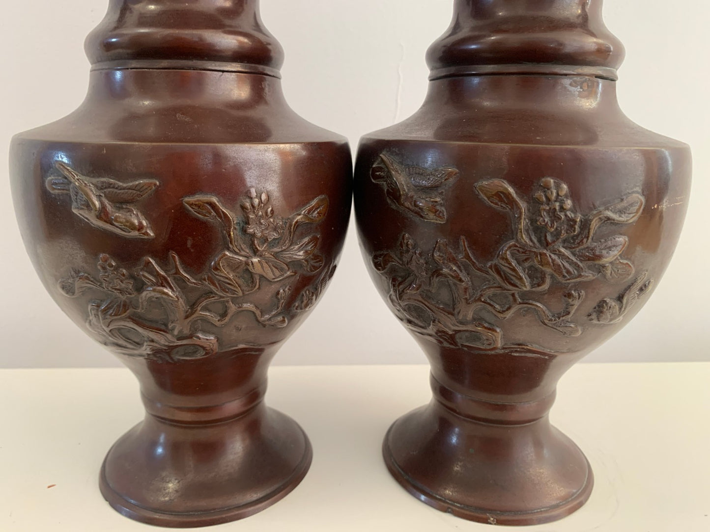 Antique Japanese Bronze Vases Pair Meiji Period 19thC Dragon Handles Bird Relief