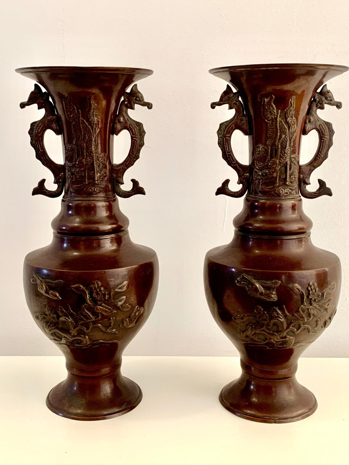 Antique Japanese Bronze Vases Pair Meiji Period 19thC Dragon Handles Bird Relief