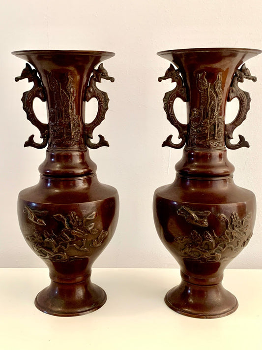 Antique Japanese Bronze Vases Pair Meiji Period 19thC Dragon Handles Bird Relief