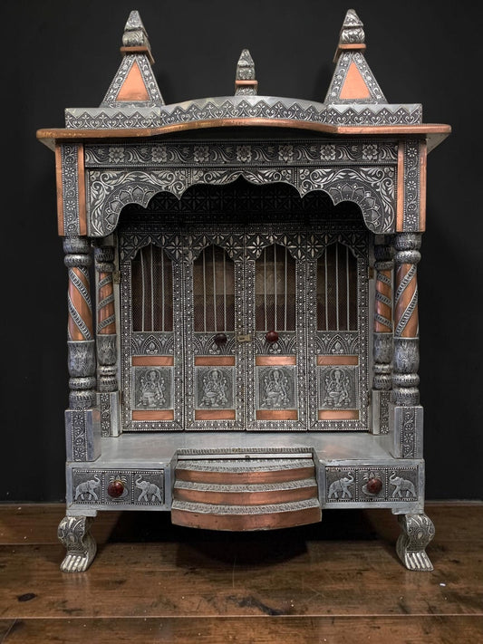 Large Silver & Copper Embossed Indian Pooja Mandir (Shrine) – Ganesha & Lakshmi