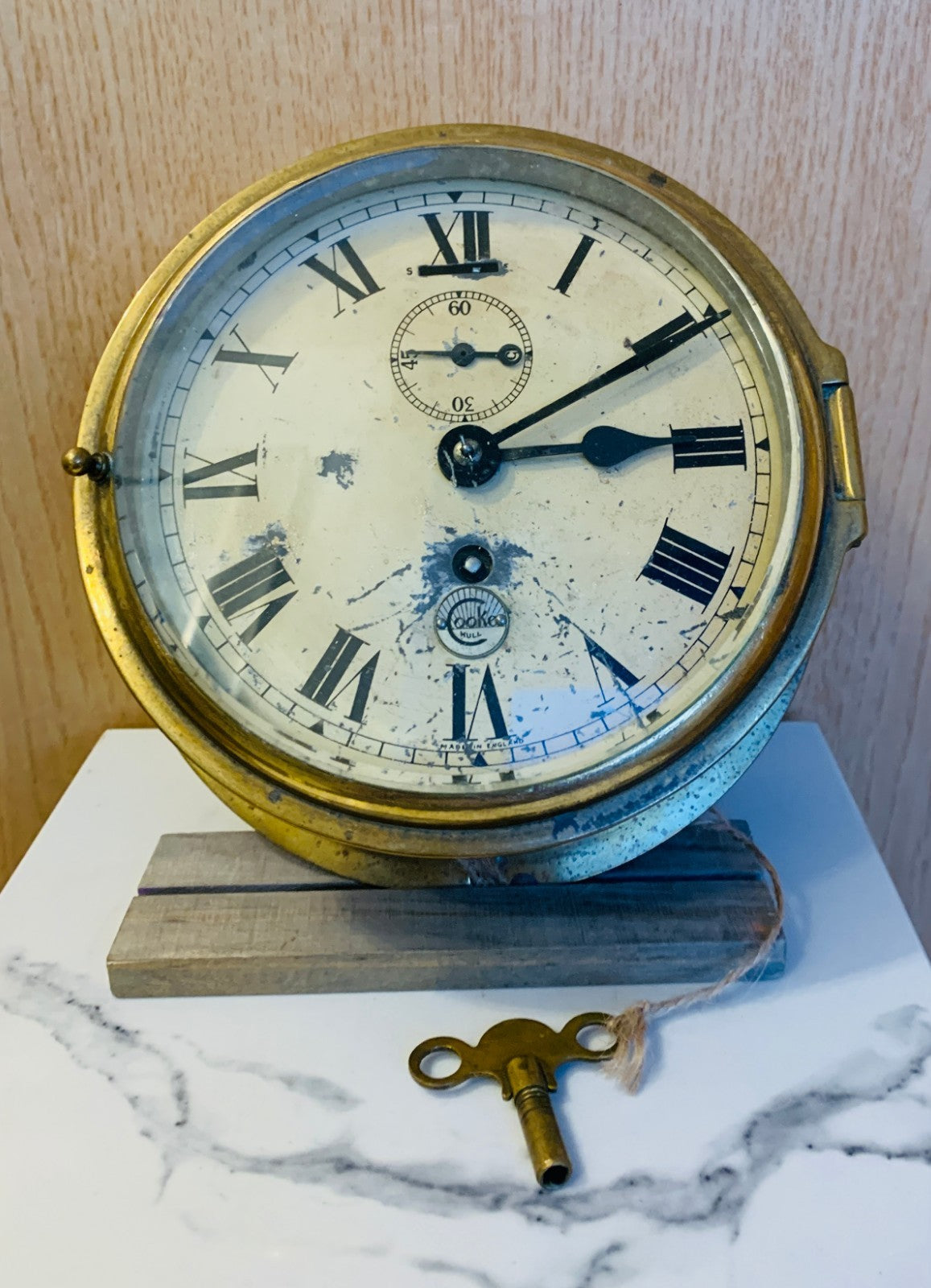 Pre-1867 Antique Brass Bulkhead Clock by Cooke, Hull, precursor to B.Cooke & Son