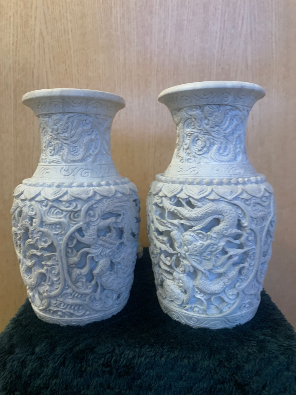 Antique Pair Chinese Carved Soapstone Dragon Vases Late Qing, Early Republican