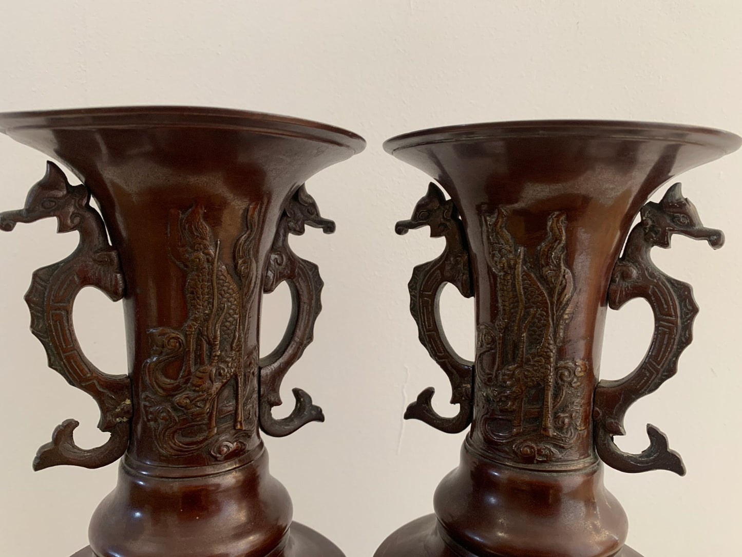 Antique Japanese Bronze Vases Pair Meiji Period 19thC Dragon Handles Bird Relief