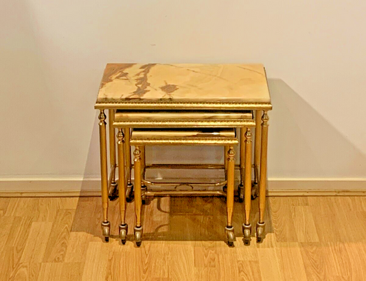 Elegant French Brass and Onyx Nesting Tables, Holllywood Regency Style. 1950's