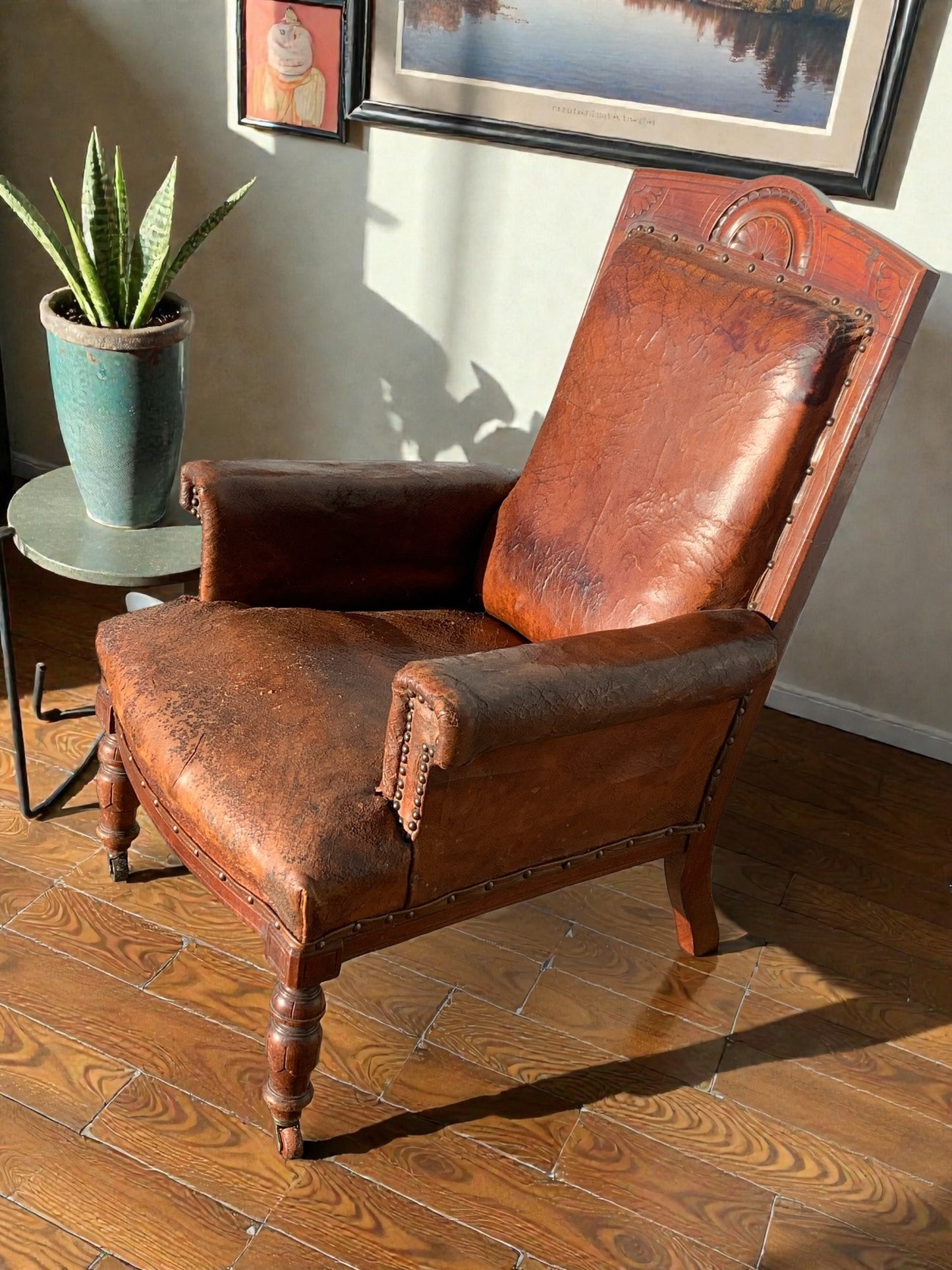 Antique Victorian Leather Library Chair on Castors c 1840's