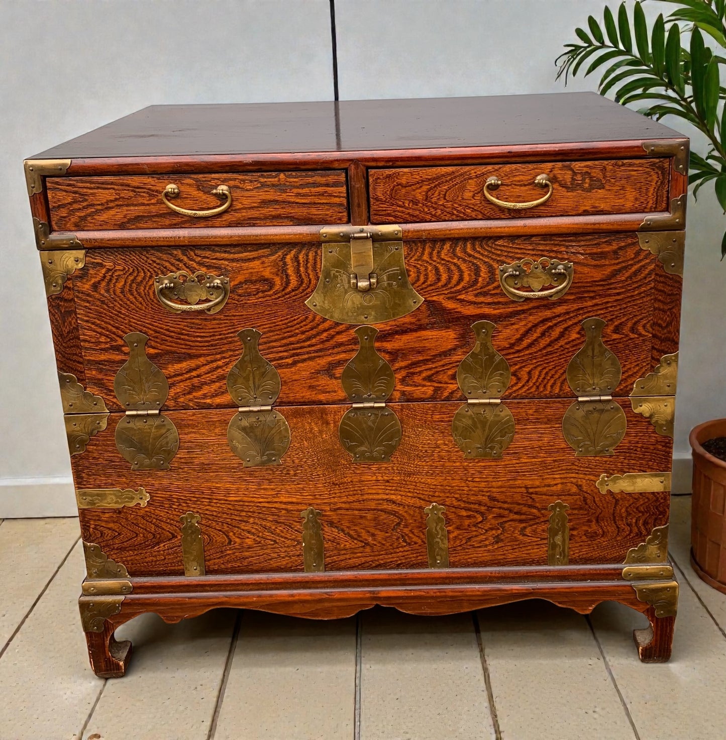 Antique Korean Bandaji / Tansu Chest with Working Fish Lock and Hanji Calligraphy Lining