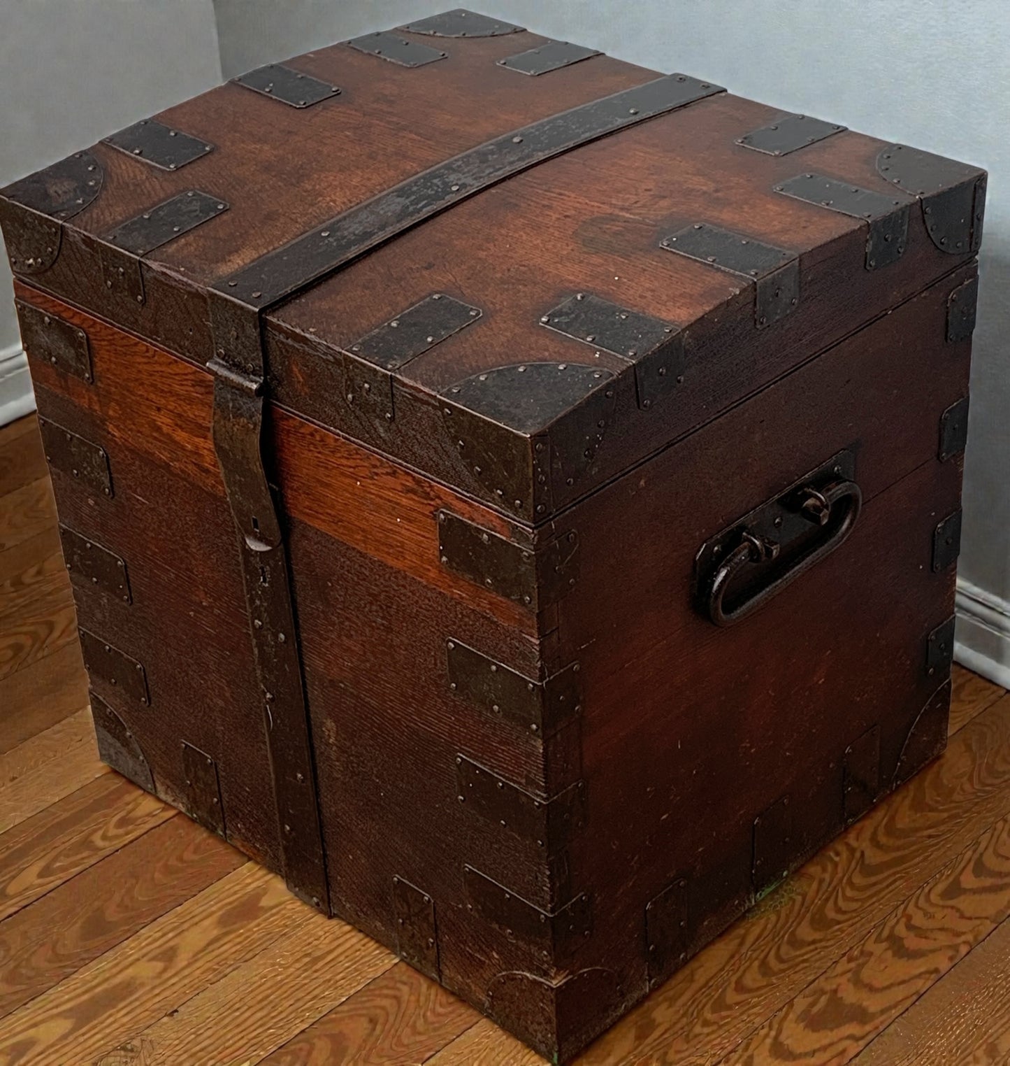 Antique English, Oak and Bound Iron Storage Trunk, Silver Chest, Campaign Chest, c 1800's.