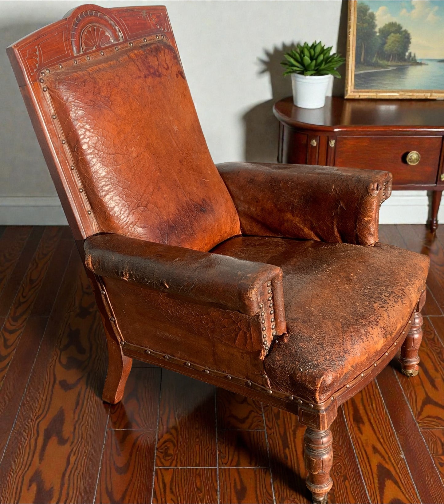 Antique Victorian Leather Library Chair on Castors c 1840's