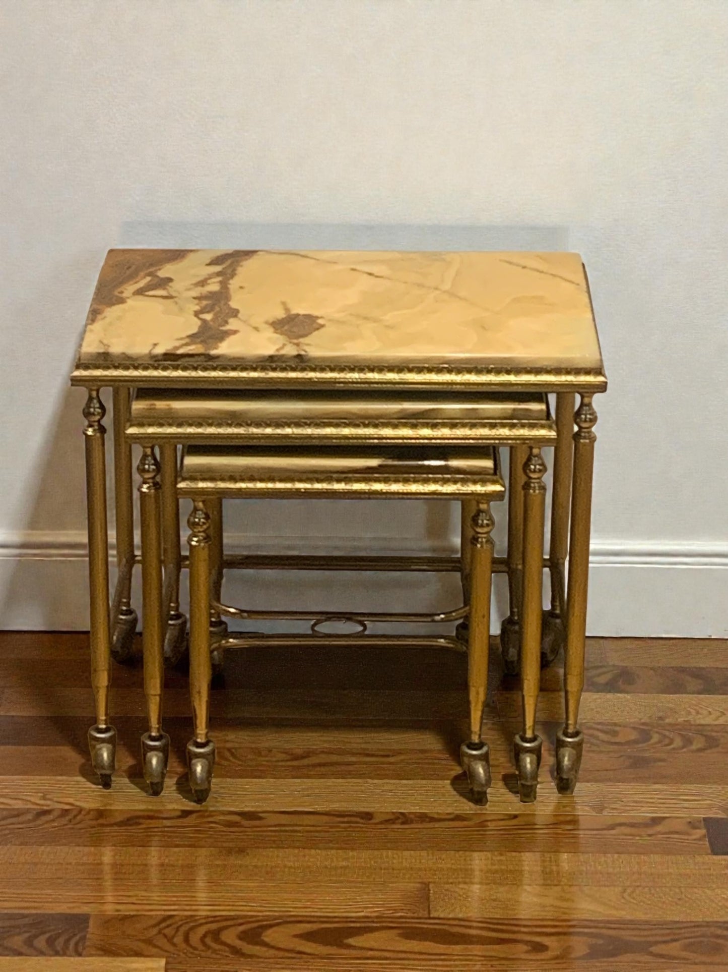 Elegant French Brass and Onyx Nesting Tables, Holllywood Regency Style. 1950's