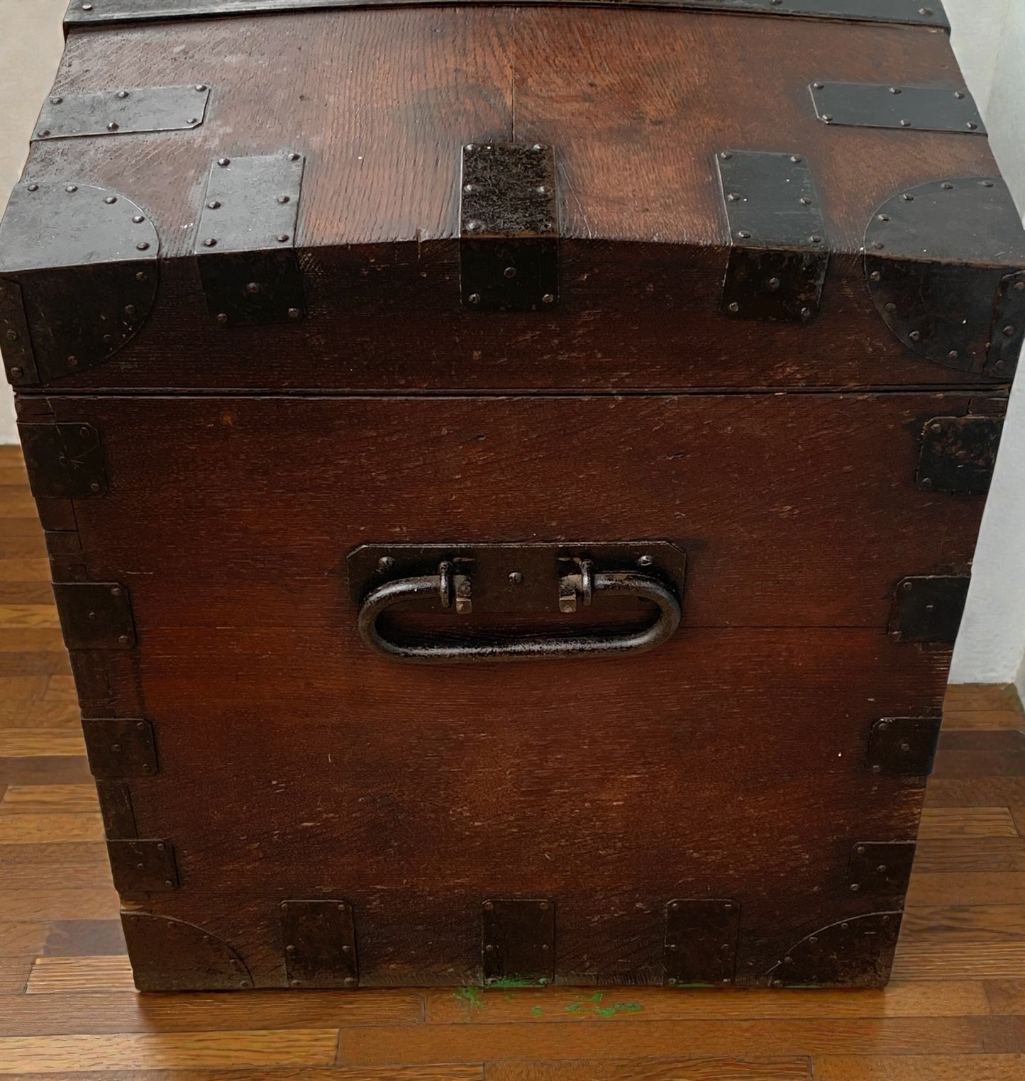 Antique English, Oak and Bound Iron Storage Trunk, Silver Chest, Campaign Chest, c 1800's.