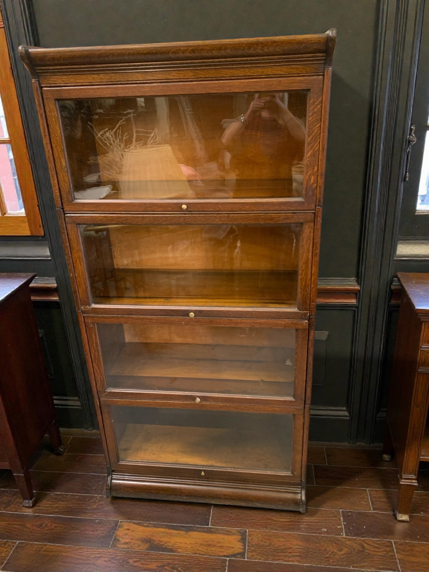Antique Gunn, Four Stack Waterfall Oak Sectional Barristers Bookcases