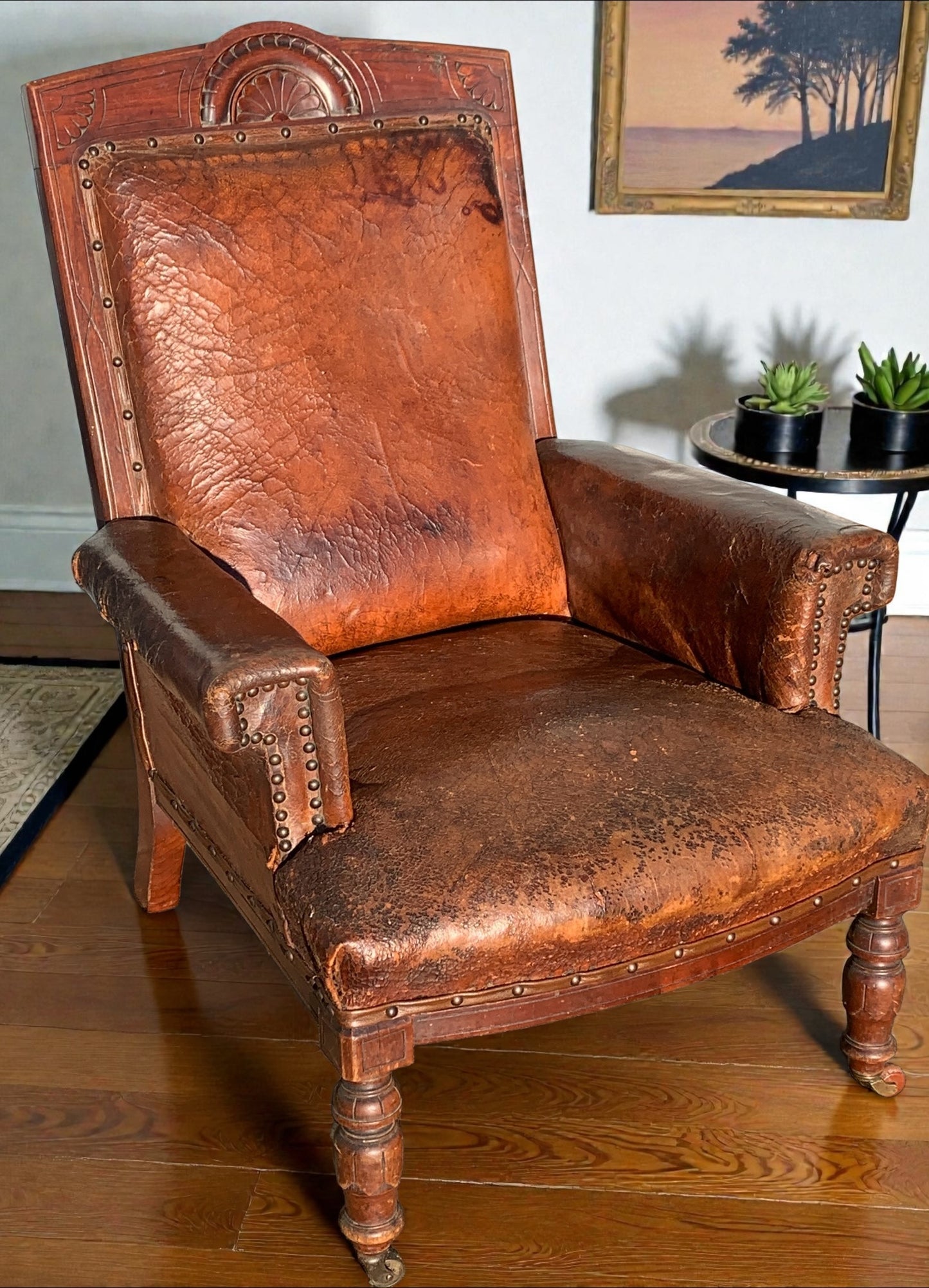 Antique Victorian Leather Library Chair on Castors c 1840's