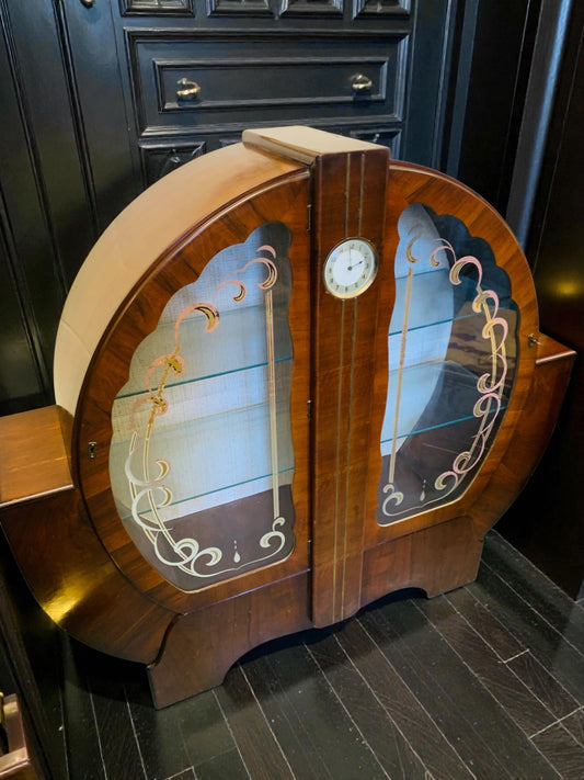 1930s Art Deco Cocktail Cabinet Curved Walnut Bar With Etched Glass & Integrated Smiths Clock