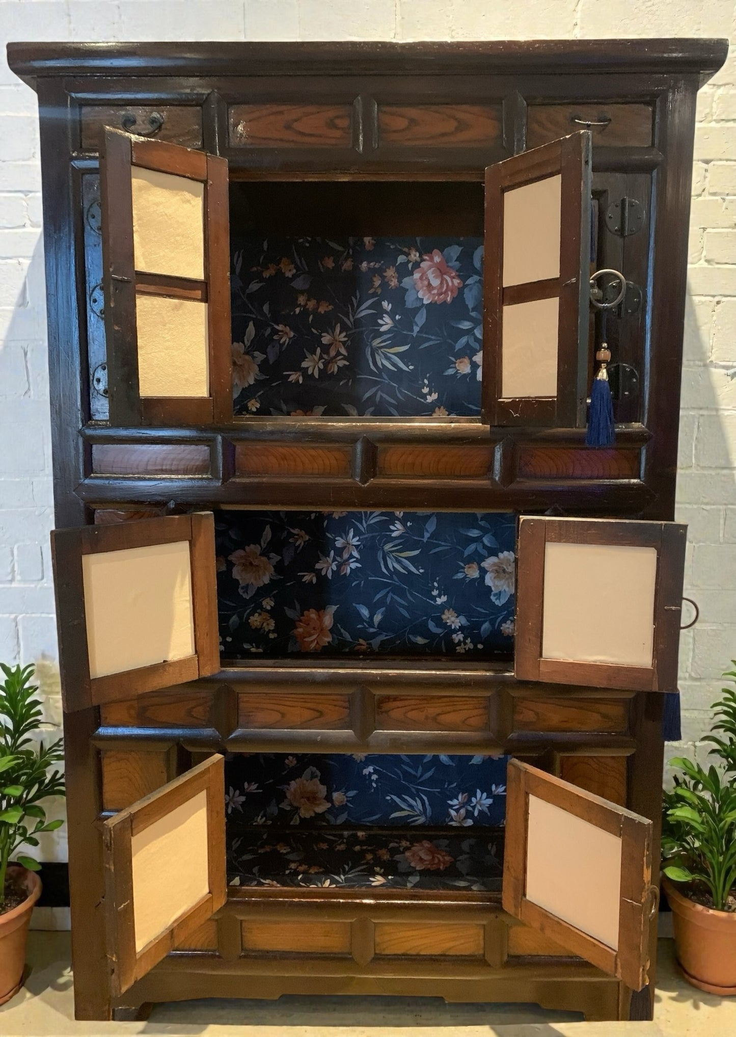 Gorgeous Vintage Korean Elm Bandaji Cabinet, Original Locks, Hanji Paper