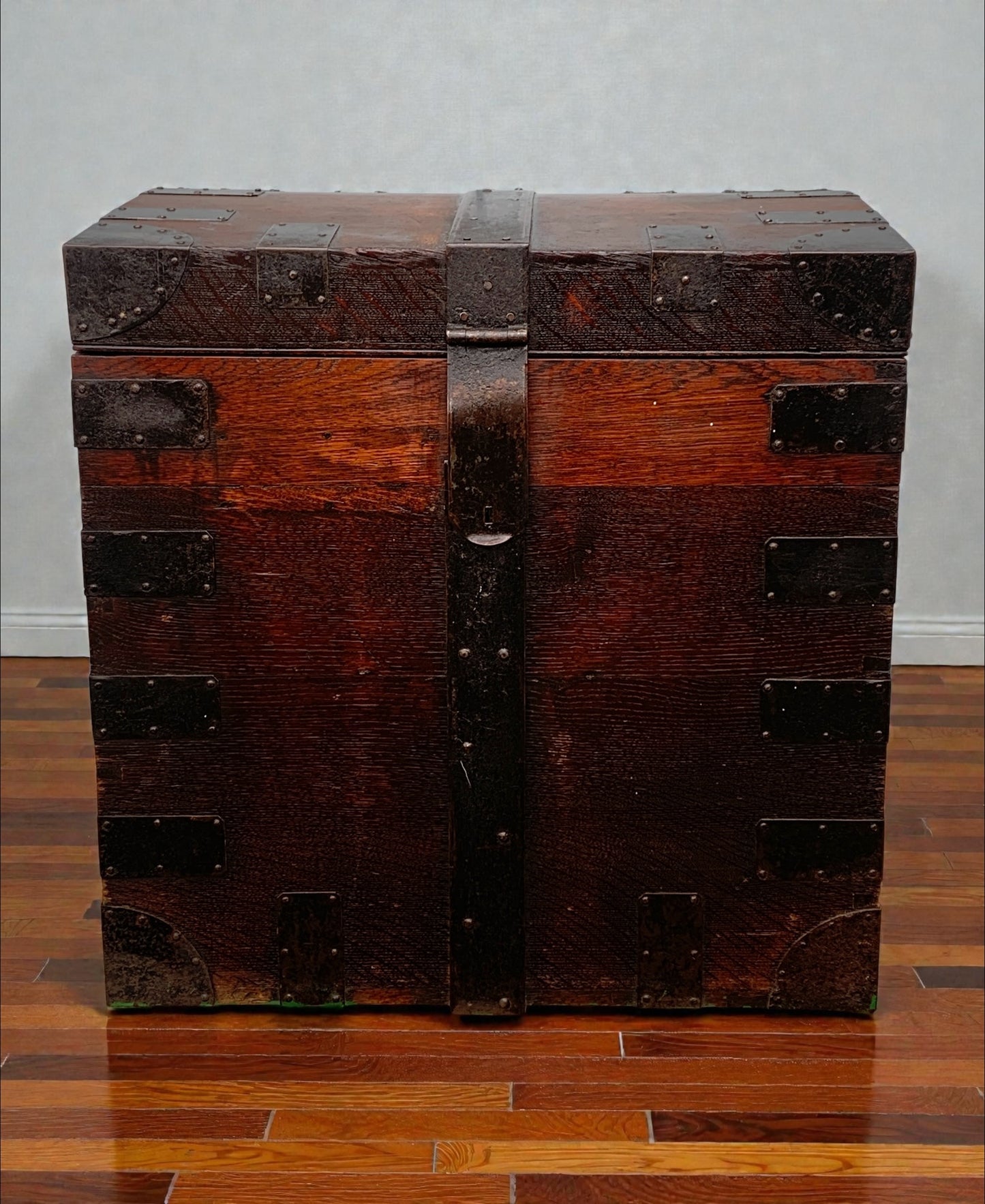 Antique English, Oak and Bound Iron Storage Trunk, Silver Chest, Campaign Chest, c 1800's.
