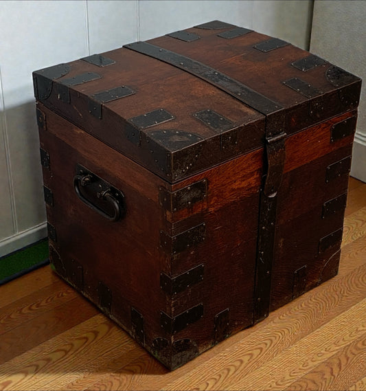 Antique English, Oak and Bound Iron Storage Trunk, Silver Chest, Campaign Chest, c 1800's.