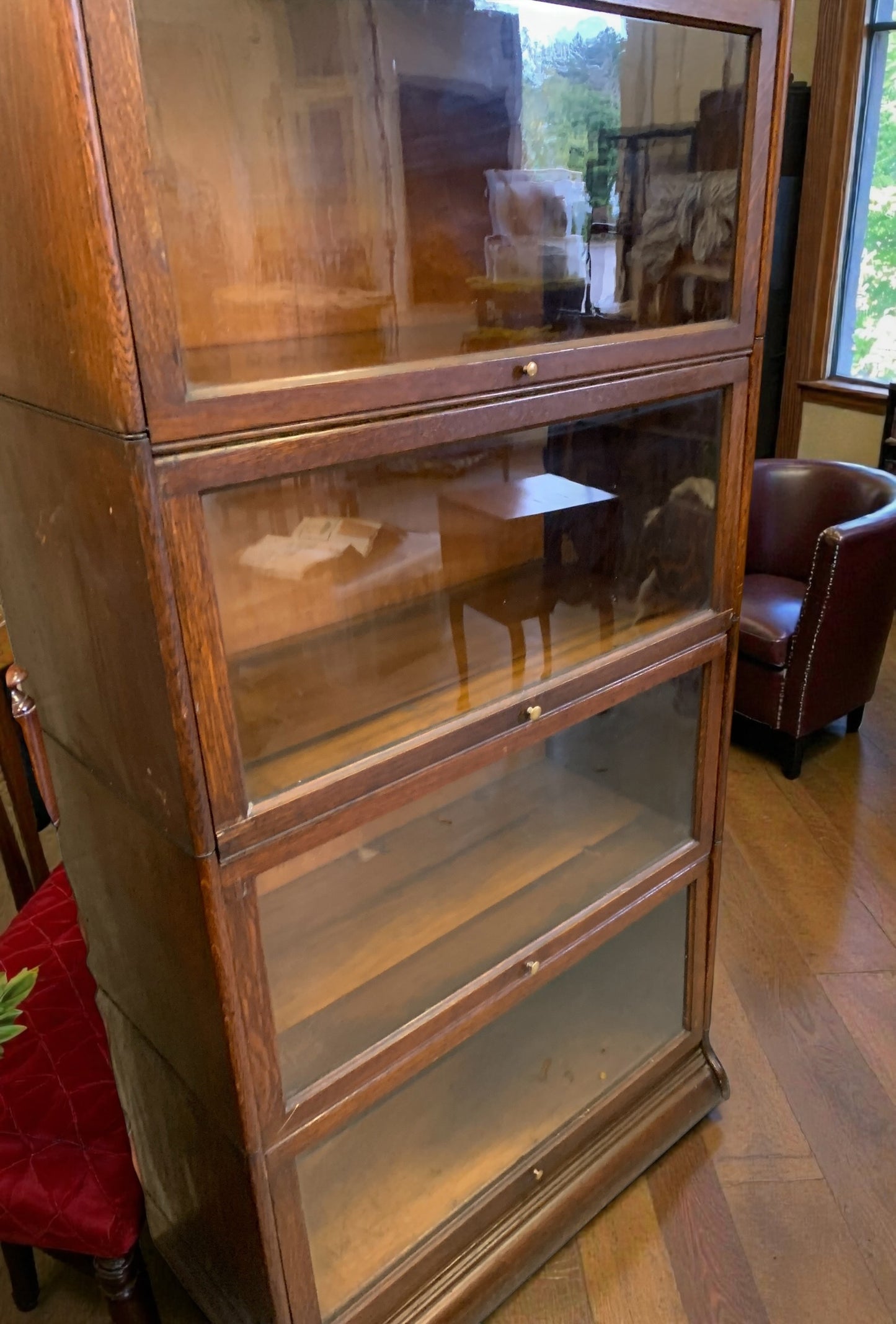 Antique Gunn, Four Stack Waterfall Oak Sectional Barristers Bookcases