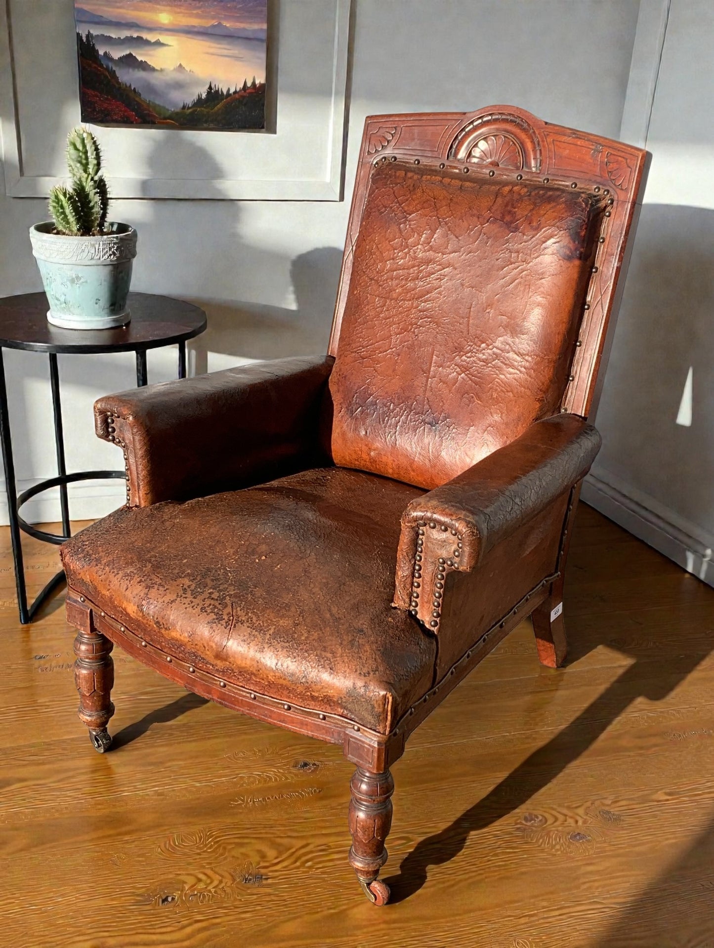 Antique Victorian Leather Library Chair on Castors c 1840's