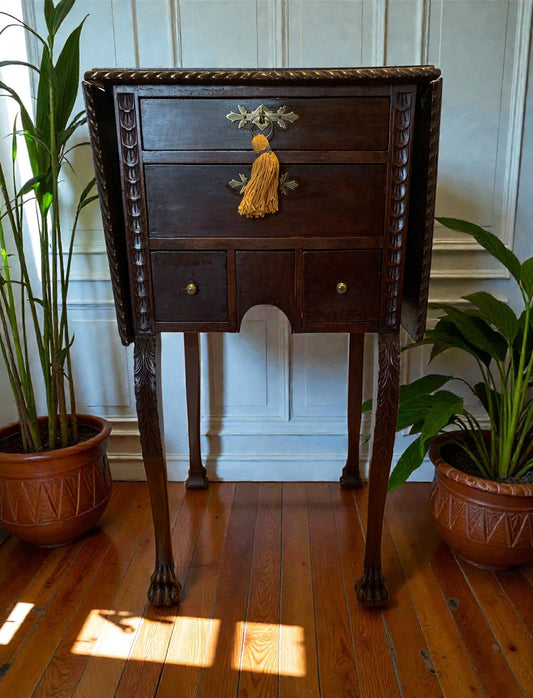 Antique 19th Century Mahogany Pembroke Table, 5 Drawers, Carved Legs & Lion Feet