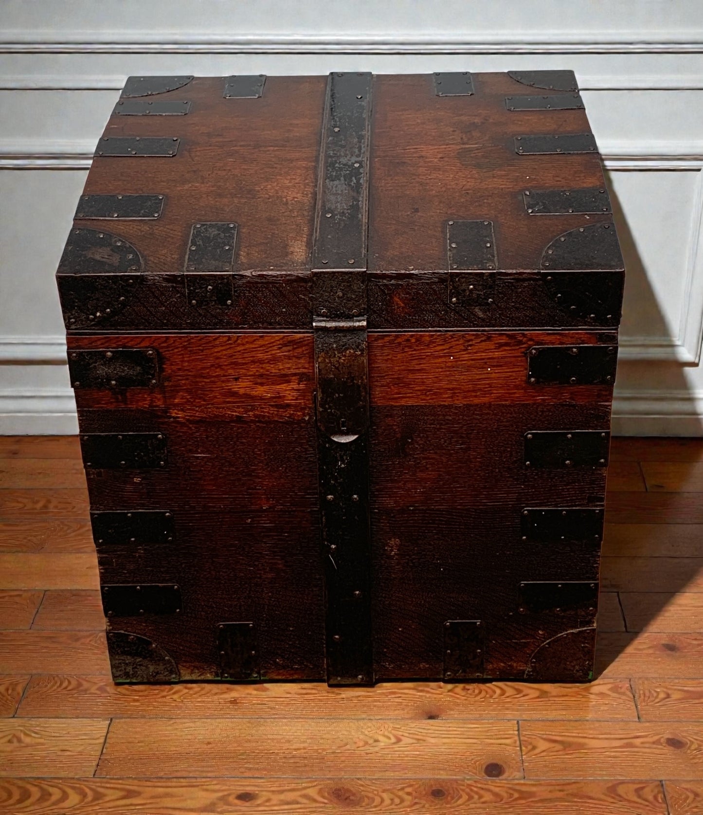 Antique English, Oak and Bound Iron Storage Trunk, Silver Chest, Campaign Chest, c 1800's.