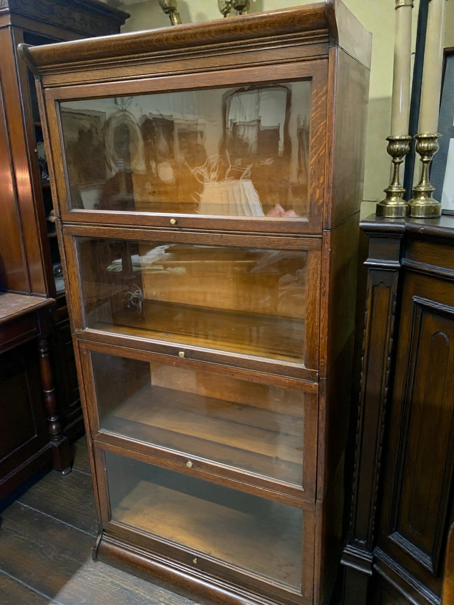 Antique Gunn, Four Stack Waterfall Oak Sectional Barristers Bookcases
