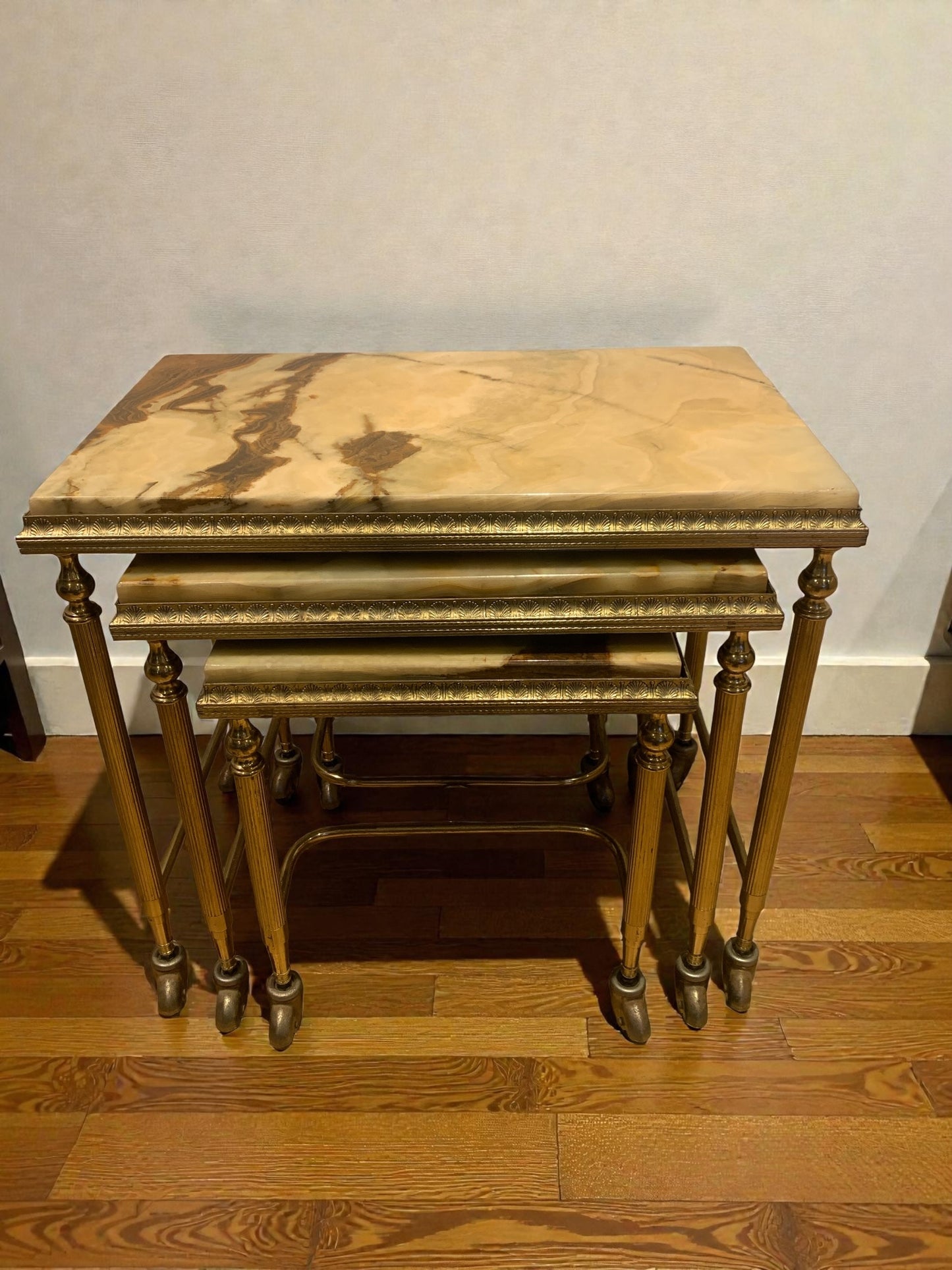 Elegant French Brass and Onyx Nesting Tables, Holllywood Regency Style. 1950's