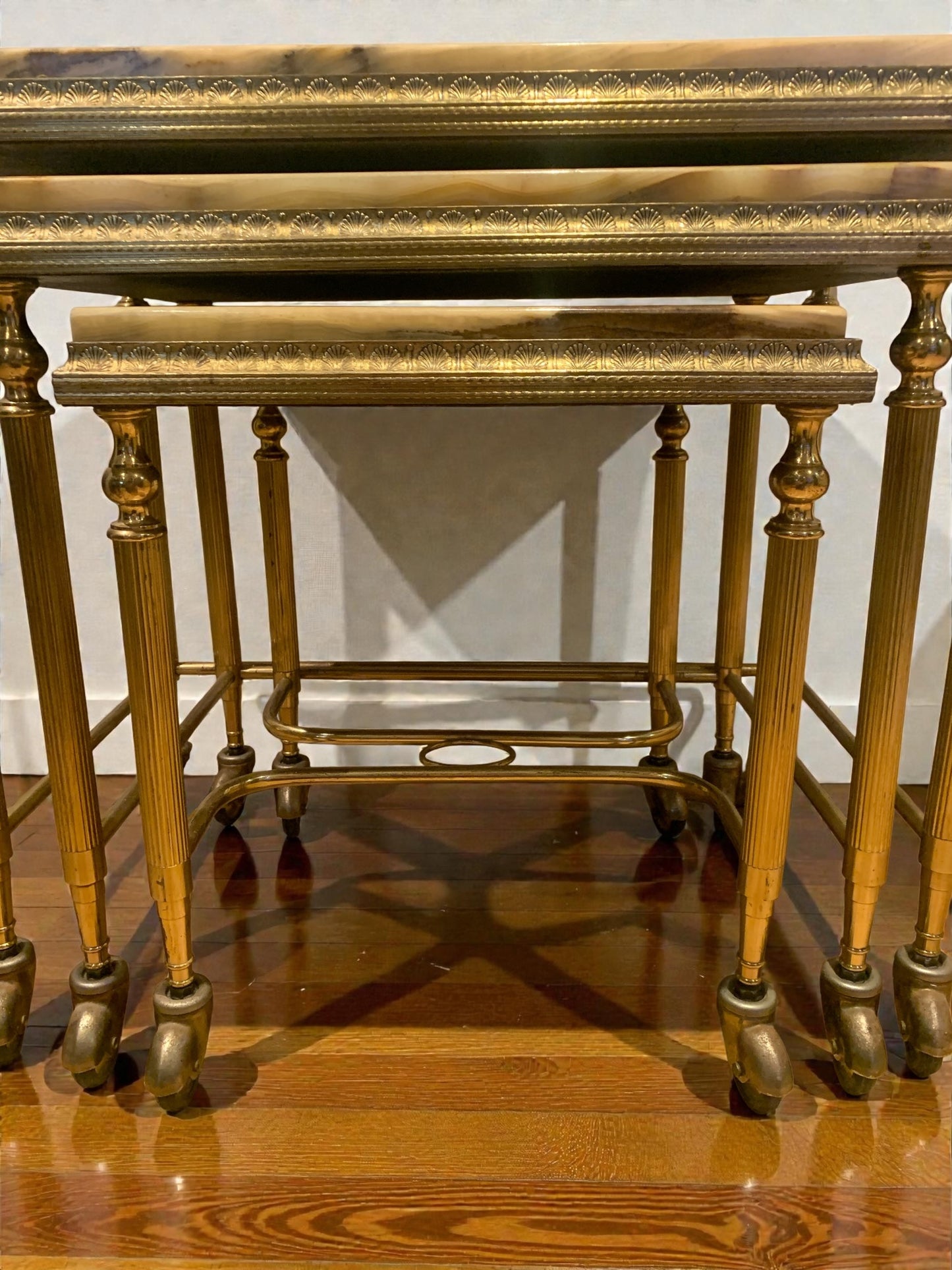 Elegant French Brass and Onyx Nesting Tables, Holllywood Regency Style. 1950's