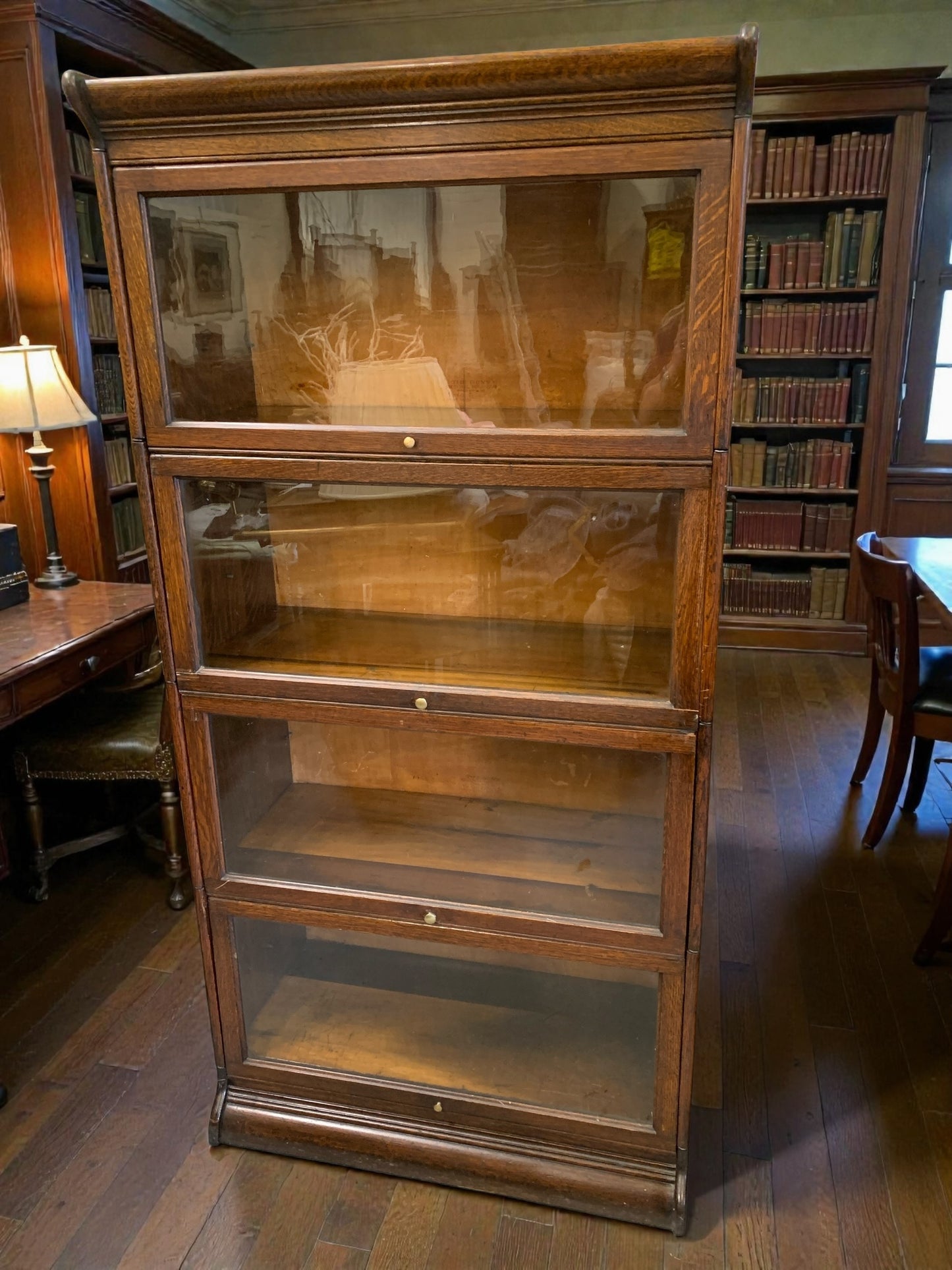 Antique Gunn, Four Stack Waterfall Oak Sectional Barristers Bookcases