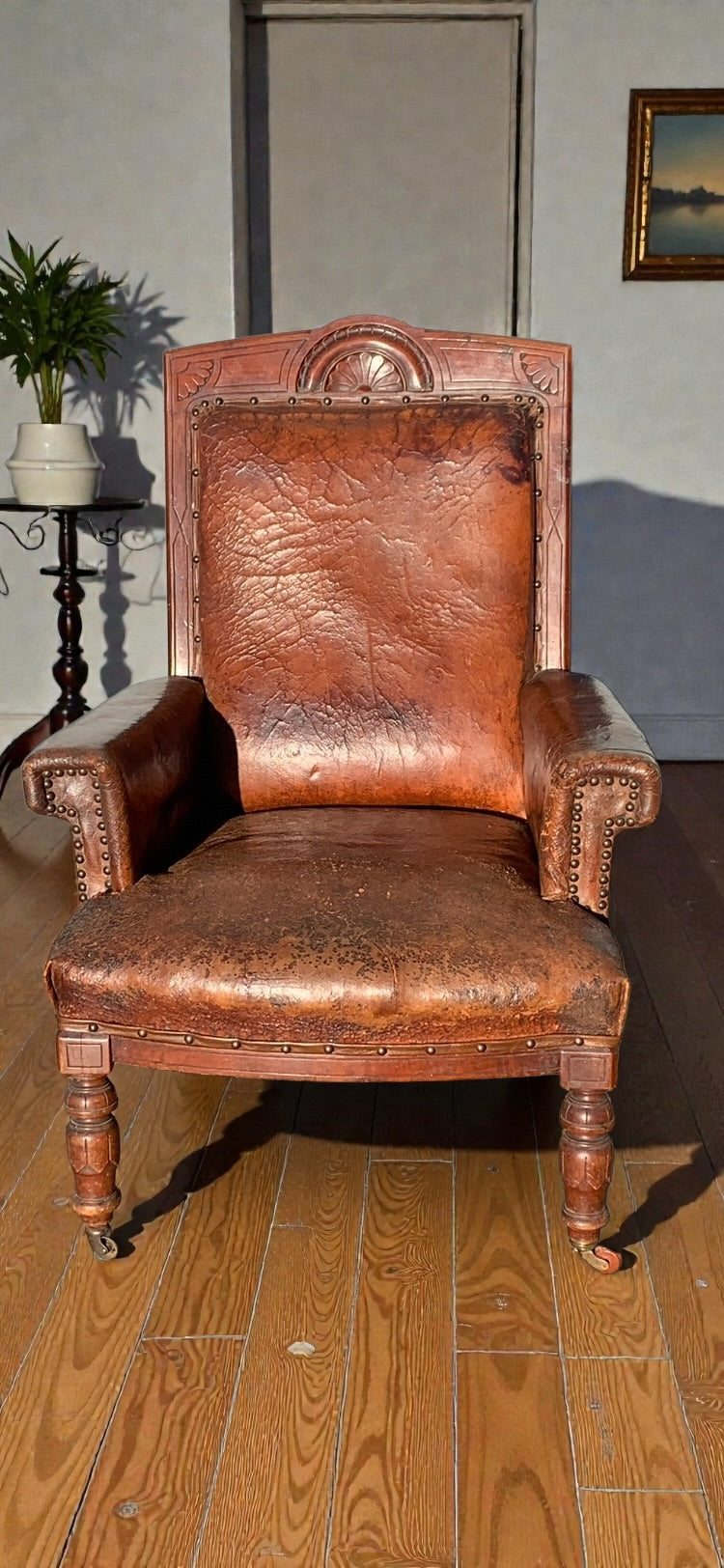 Antique Victorian Leather Library Chair on Castors c 1840's