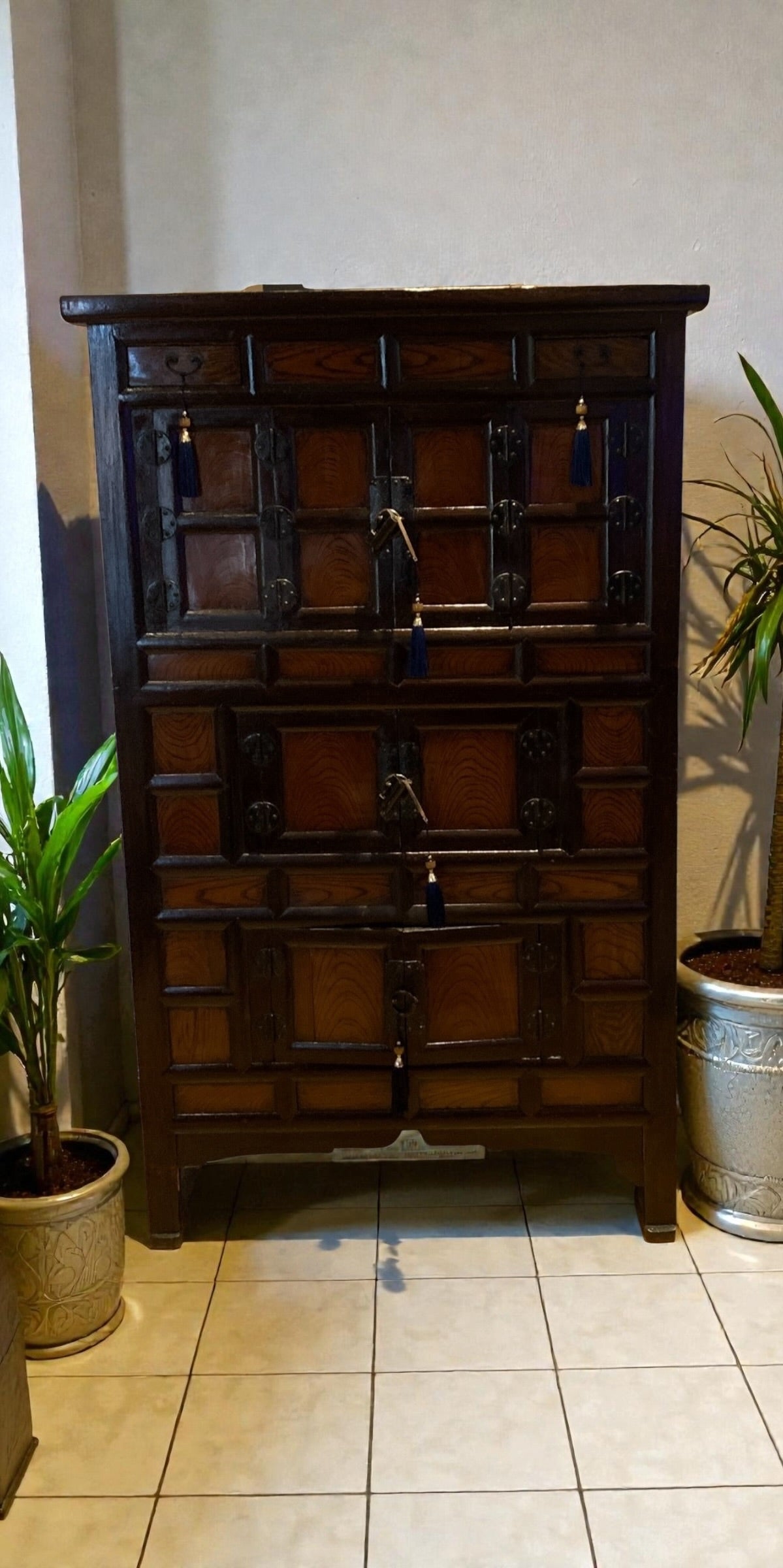 Gorgeous Vintage Korean Elm Bandaji Cabinet, Original Locks, Hanji Paper
