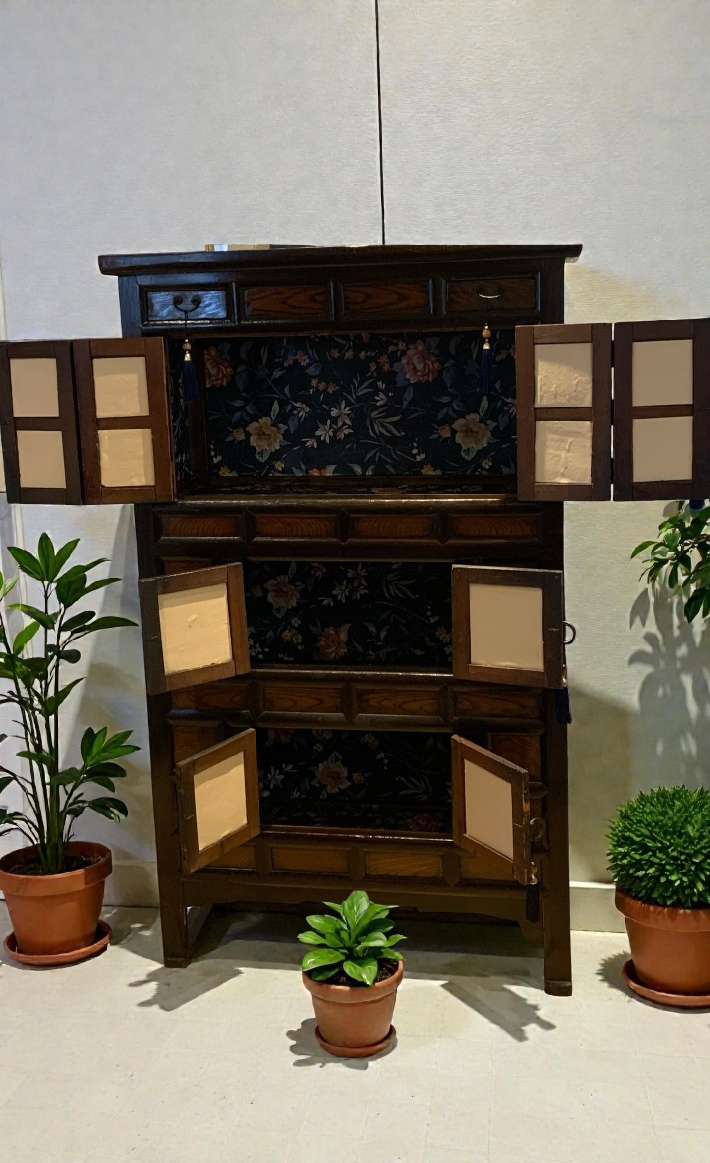 Gorgeous Vintage Korean Elm Bandaji Cabinet, Original Locks, Hanji Paper