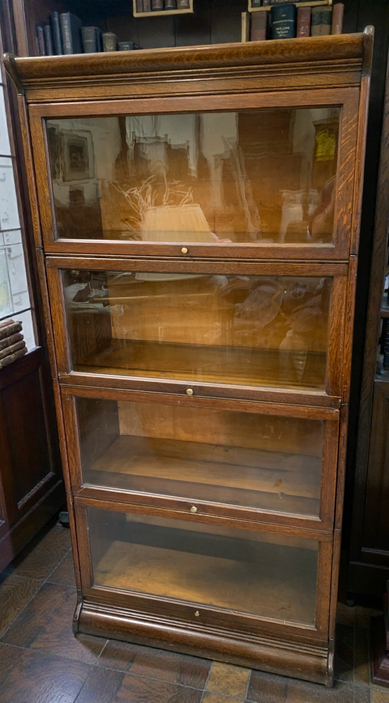 Antique Gunn, Four Stack Waterfall Oak Sectional Barristers Bookcases