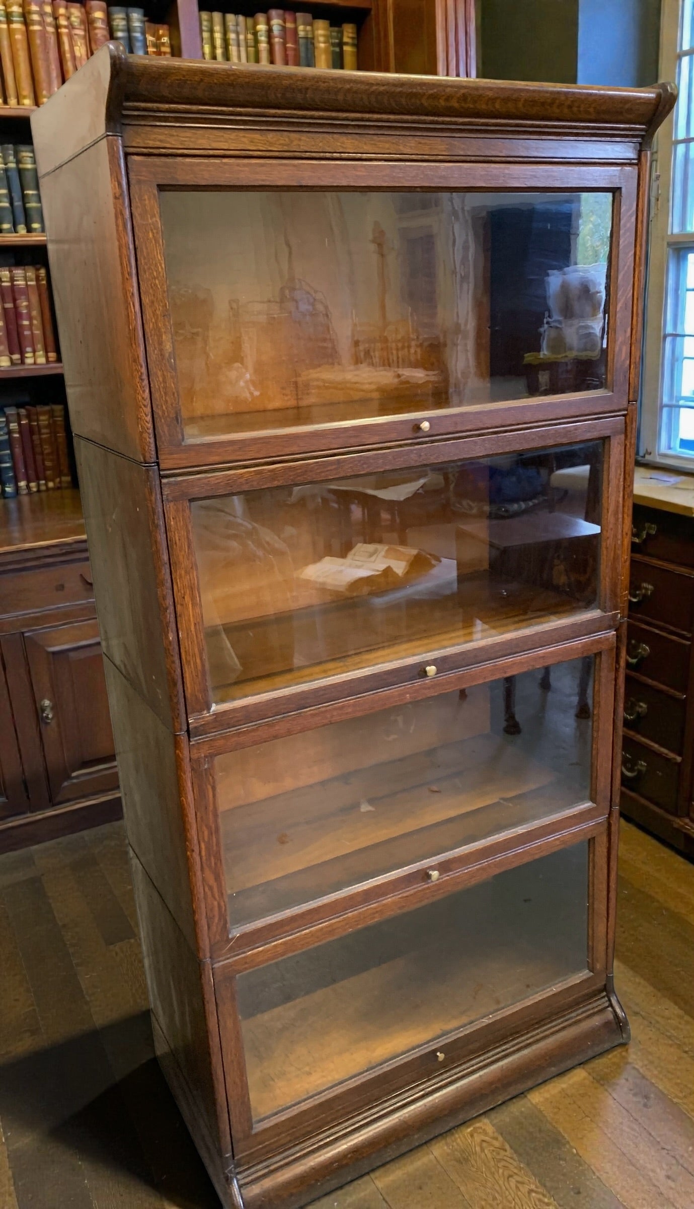 Antique Gunn, Four Stack Waterfall Oak Sectional Barristers Bookcases