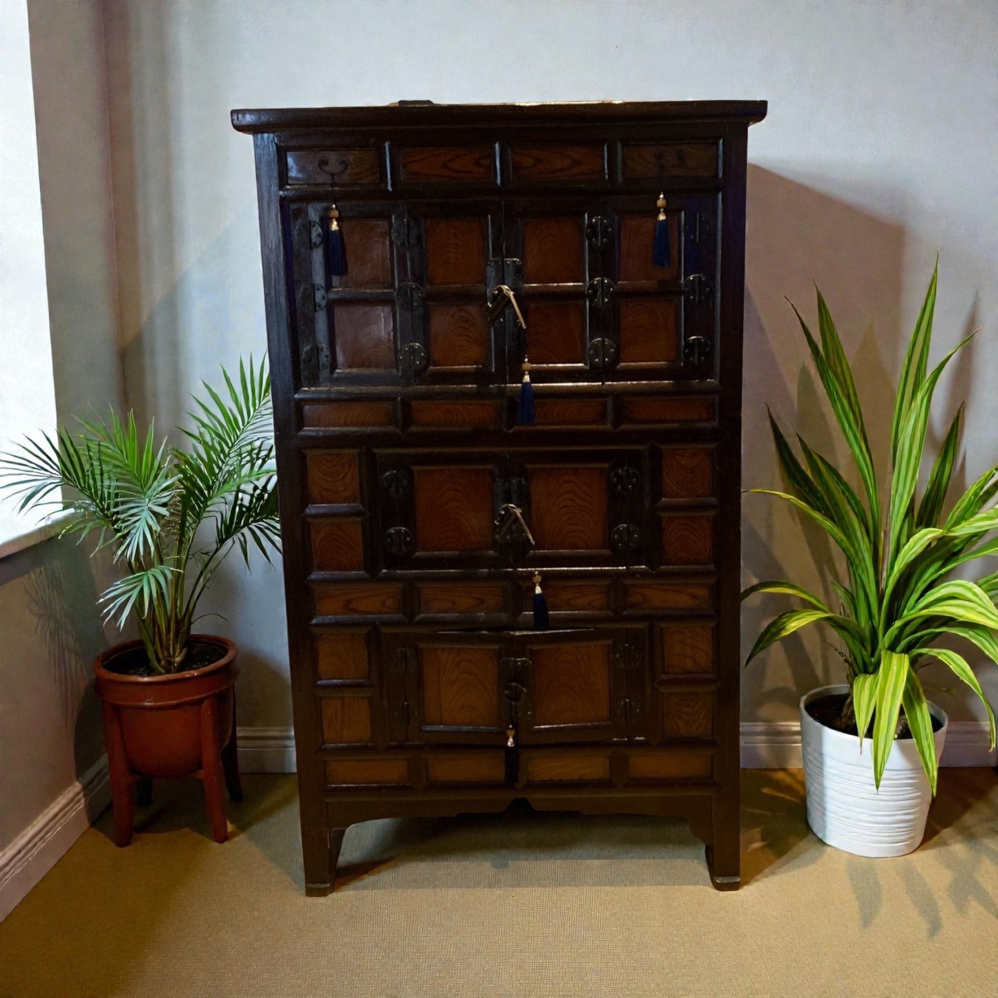 Gorgeous Vintage Korean Elm Bandaji Cabinet, Original Locks, Hanji Paper