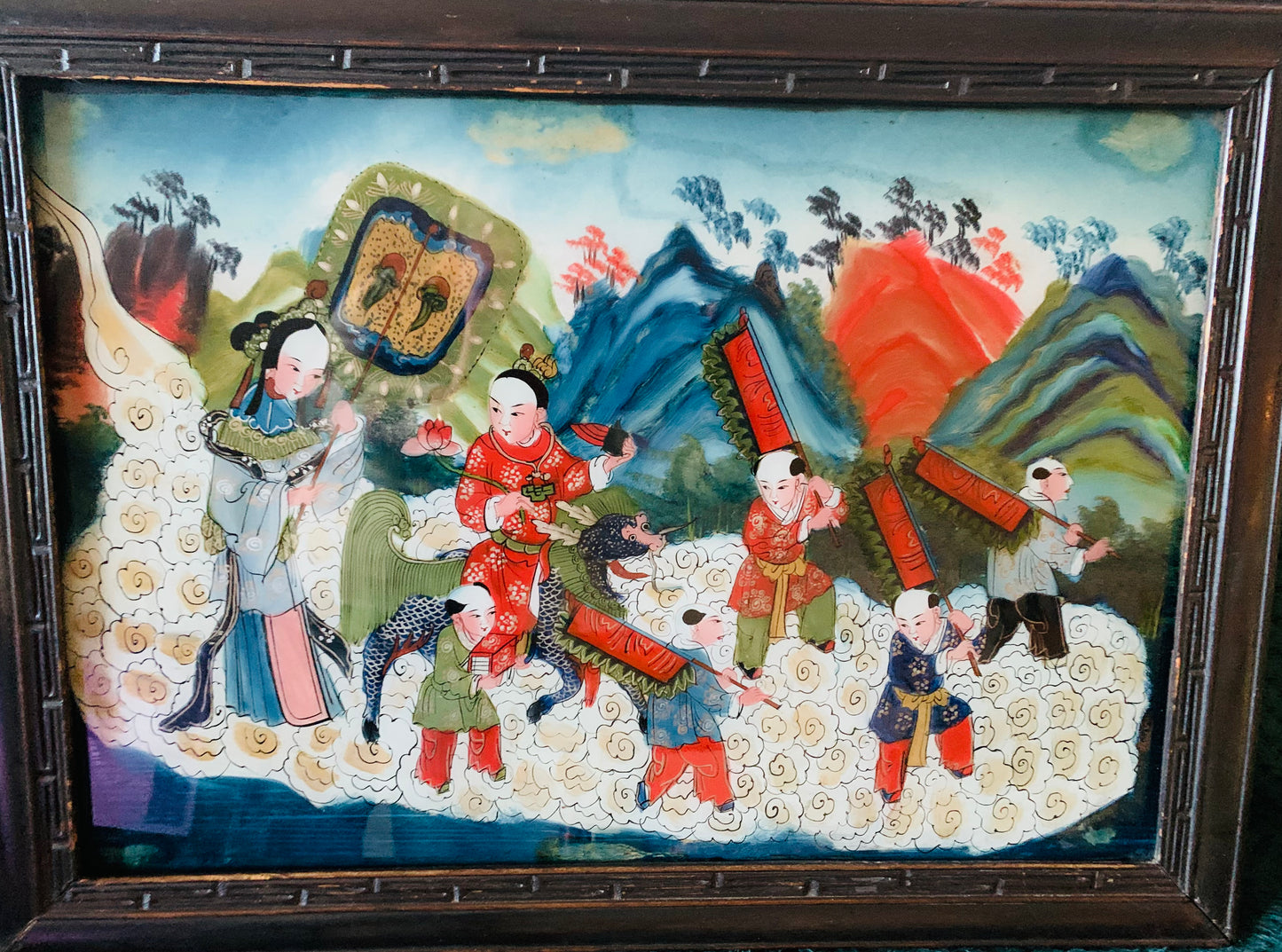 Antique Qing Dynasty Chinese Reverse Painting on Glass, Depicting Chinese Parade, Confucius. Chinese Glass Painting.