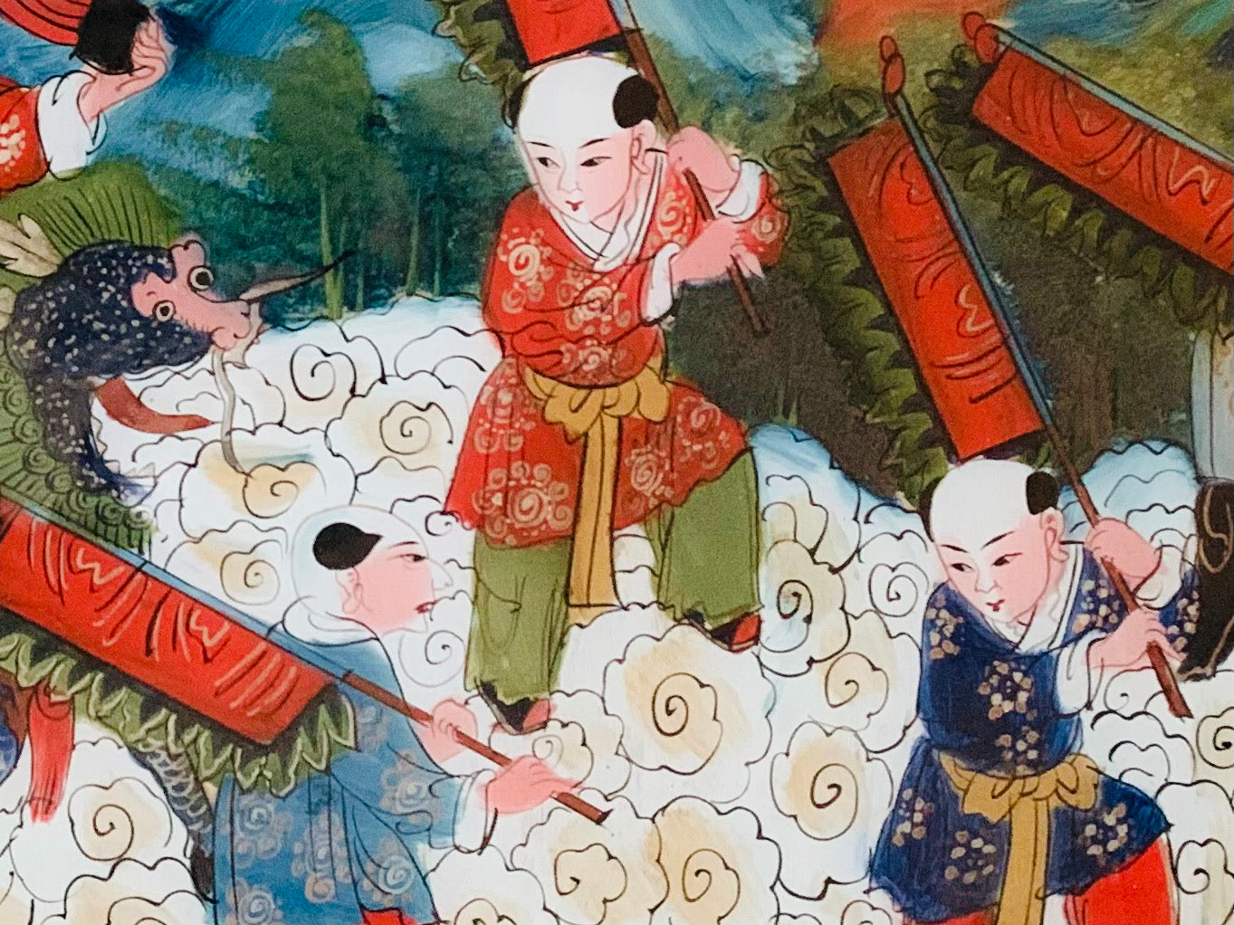 Antique Qing Dynasty Chinese Reverse Painting on Glass, Depicting Chinese Parade, Confucius. Chinese Glass Painting.